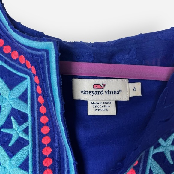 Vineyard Vines Starfish Shift Dress Blue Sz 4 Dot‎ Cotton Silk Pink Turquoise - Picture 5 of 11